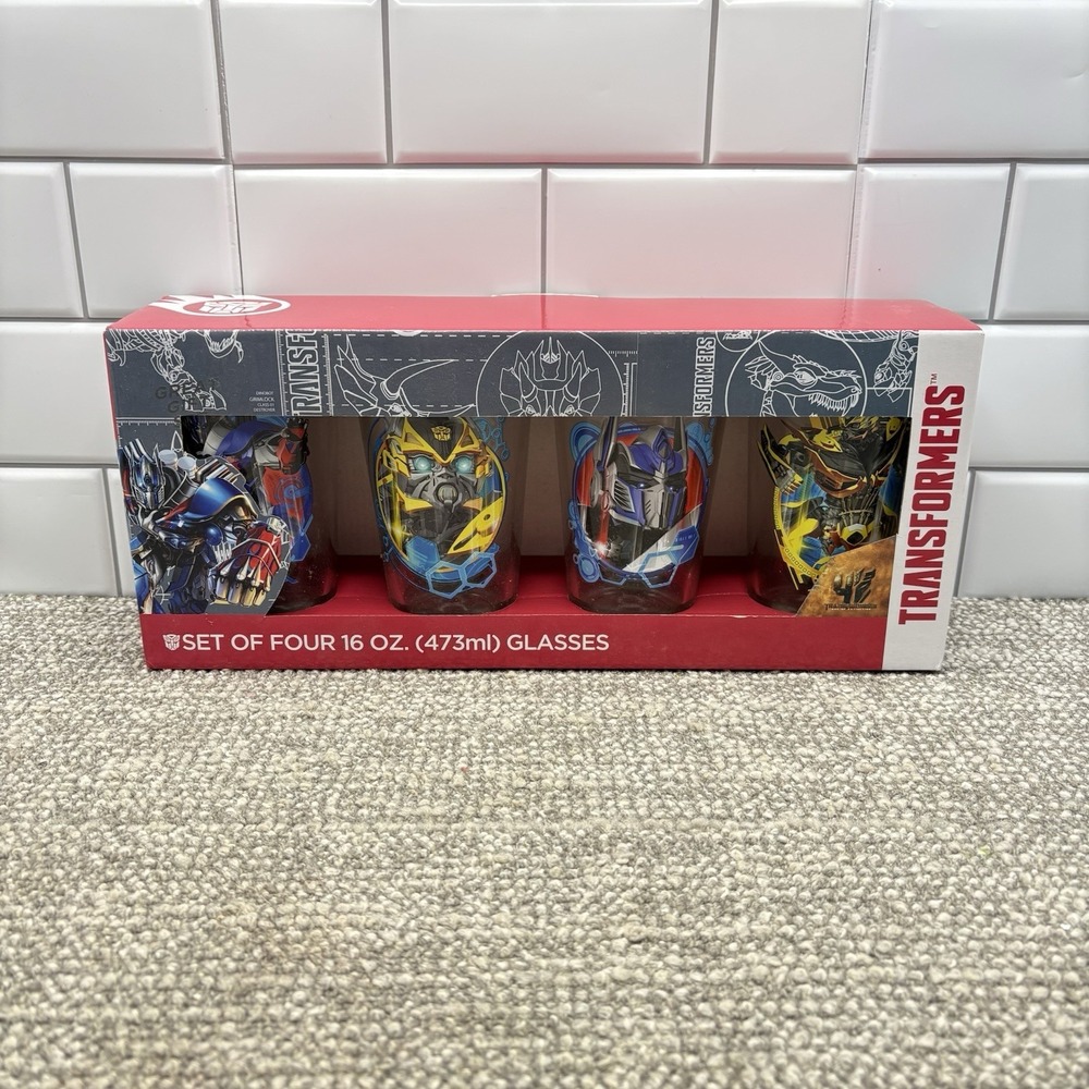 Set Of‎ 4 Transformers 2014 16 Oz. Glasses Optimus Prime Bumblebee New